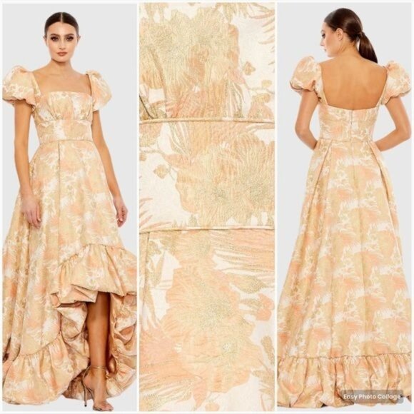 NWT MAC DUGGAL 68276 Floral Brocade Evening Gown Size 6 Puff Sleeve Peach Gold - Picture 1 of 11